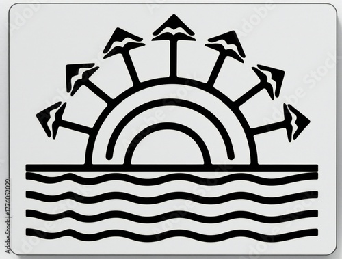 Abstract sunrise over water symbol with arrows pointing upwards