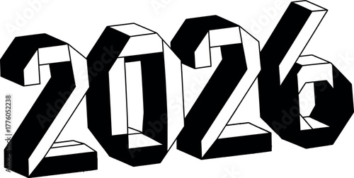 Bold geometric 3d 2026 number design with striking black and white contrast vector