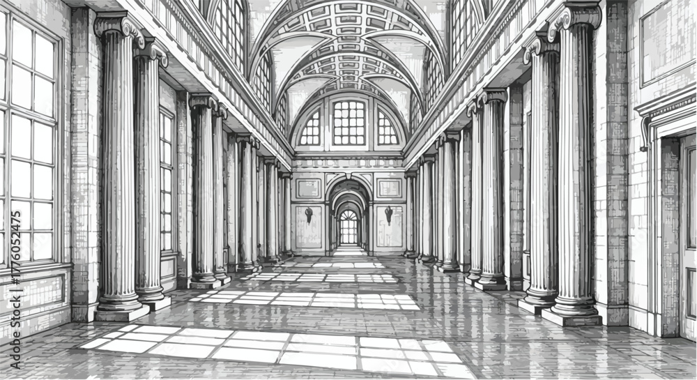 Naklejka premium Cathedral interior architecture with arches vector line art illustration.