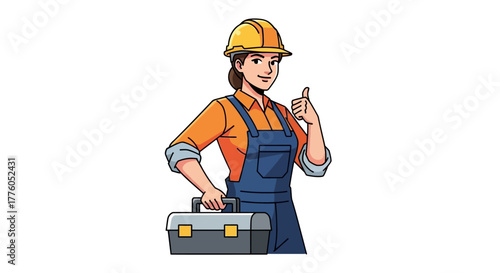 Female Construction Worker With Toolkit Giving Thumbs Up for a Job Well Done