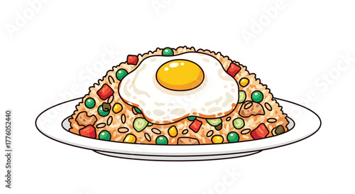 Flavorful Fried Rice with a Sunny-Side-Up Egg on a White Plate - Delicious Food Illustration