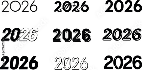 Nine variations of the year 2026 displayed in different typographic styles vector