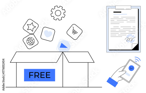 Box labeled free with app icons, gear, documents on clipboard, and smartphone with tick mark. Ideal for technology access, innovation, e-commerce, subscription, productivity development simple flat