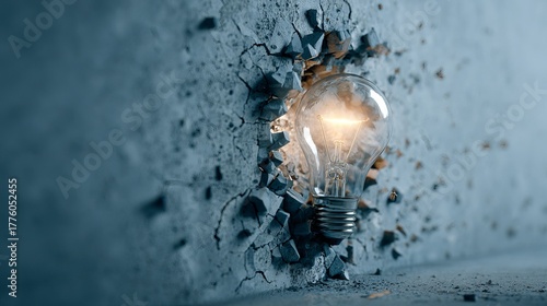 Brilliant idea breaks through concrete barrier, symbolizing innovation and breakthrough thinking for inspiring success stories.
