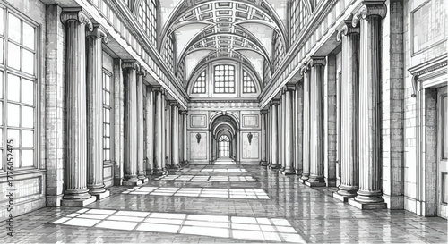 Cathedral interior architecture with arches vector line art illustration.