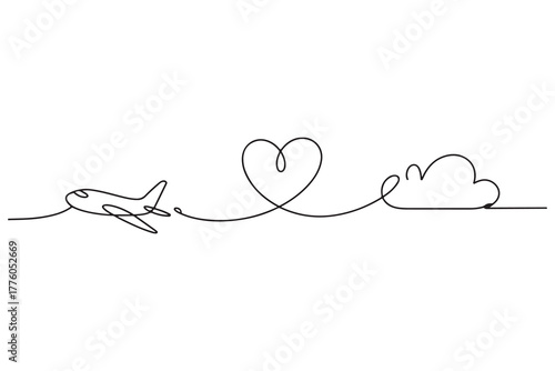 Continuous one line drawing of airplane flying with heart and cloud outline illustration
