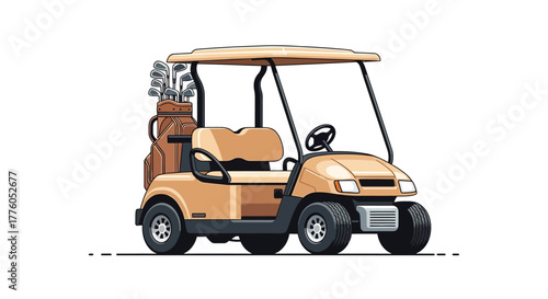 Vector illustration of a modern golf cart equipped with clubs, ideal for graphic design and sporting event promotions
