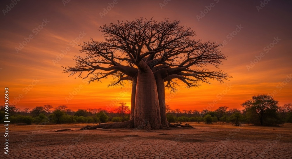 Fototapeta premium Large baobab tree in dry landscape at sunset with vibrant orange sky