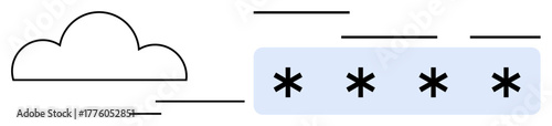 Cloud icon with encrypted password field and motion lines, symbolizing digital security, data privacy, and online storage. Ideal for technology, encryption, data safety, cybersecurity, cloud