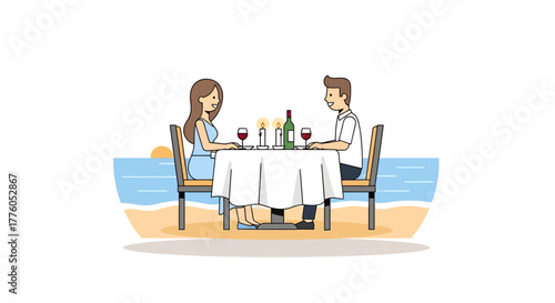 Romantic Beach Dinner Couple Enjoying Meal by the Sea Illustration