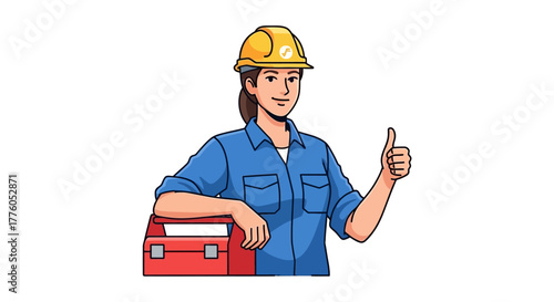 Female Construction Worker Gives Thumbs Up, Holding Toolbox, Yellow Hardhat, Engineering Skills