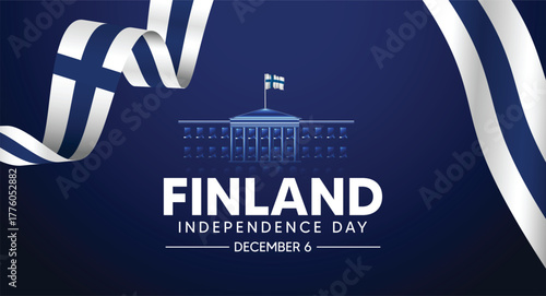 Finnish independence day poster with flag ribbon and national monument illustration