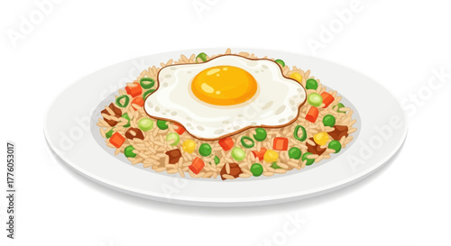 Delicious fried rice with a sunny-side-up egg and mixed vegetables, served on a white plate, a classic Asian comfort food