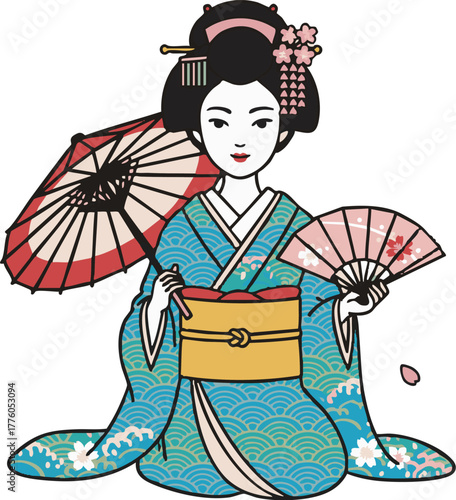 MinimalFlatDesign Geisha inKimono withParasol andFan -ミニマルフラットデザイン 傘と扇子を持った着物の芸者