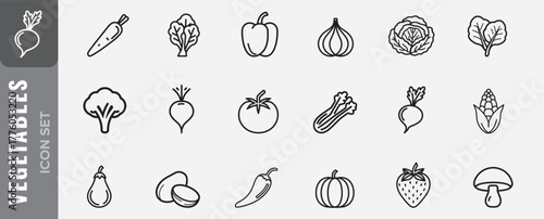 Vegetable icons set. Icon illustration of potato, onion, mushroom, eggplant, broccoli, strawberry, cabbage, carrot. Vegetable Icon set.
