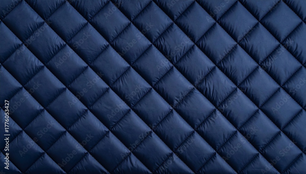 Naklejka premium Quilted navy fabric diagonal texture, featuring soft padding, geometric diamond shapes, and a modern textile surface for fashion, upholstery, or backgrounds.