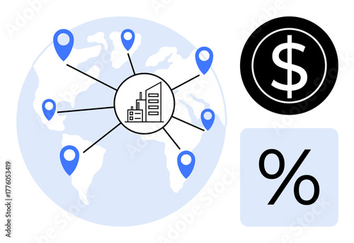 Blue map markers linked globally around a central factory icon on a world map, alongside a bold dollar sign and percentage symbol. Ideal for business, finances, commerce, global trade, logistics