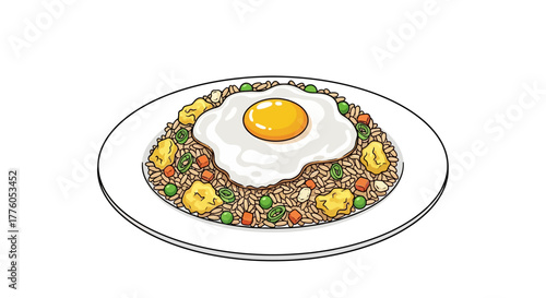 Illustration of a delicious plate of homemade fried rice topped with a sunny-side-up egg, a classic Asian comfort food dish