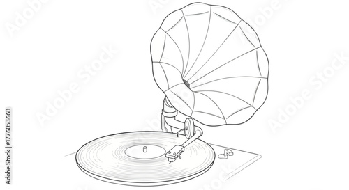 Vintage gramophone phonograph minimal vector line art illustration.