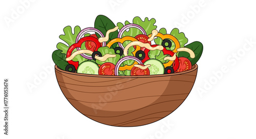 Fresh Garden Salad with Assorted Vegetables in Wooden Bowl Illustration