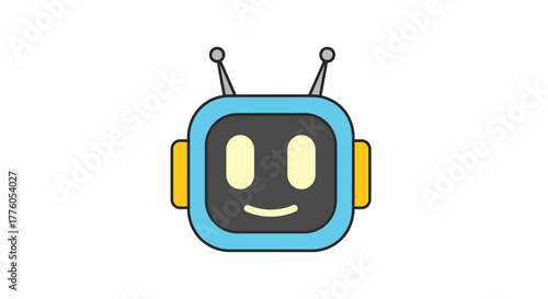 Cute blue robot head with a friendly smile. AI chatbot mascot character icon in a flat vector design isolated on a white background for technology