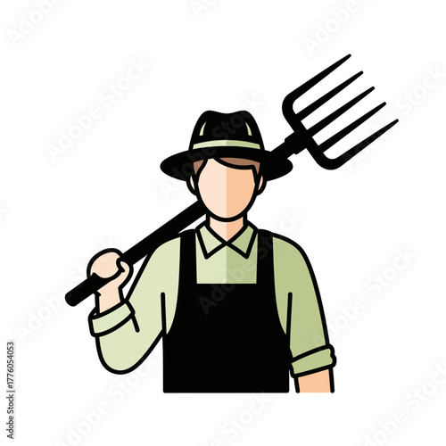 Farmer holding pitchfork and wearing hat in simple illustration  