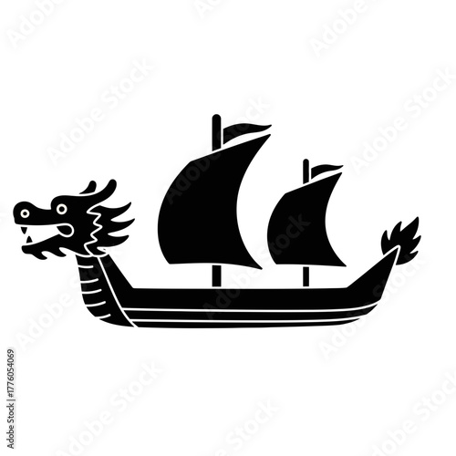 Dragon boat illustration with two sails and a mythical design  