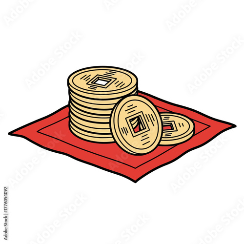 Chinese coins arranged on red fabric for cultural symbolism  
