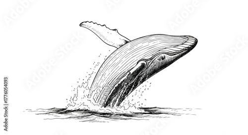 Humpback whale jumping out of water marine vector line art illustration.