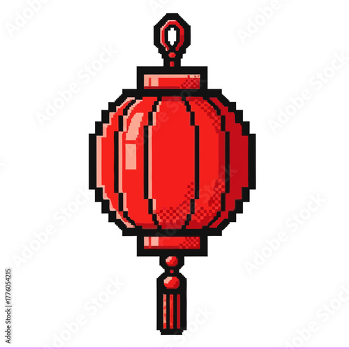 Red decorative lantern in pixel art style with tassel detail  
