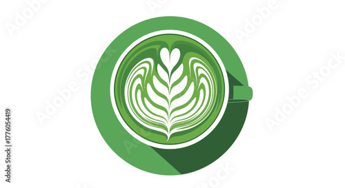 A flat design icon of a freshly whisked matcha green tea latte in a cup, showcasing beautiful foam art from an overhead view