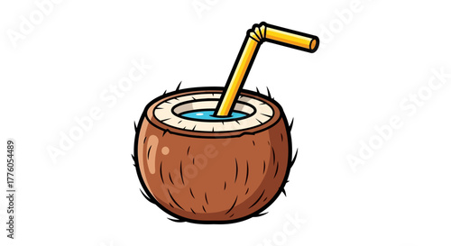 Refreshing Tropical Coconut Drink Illustration with Straw, a Symbol of Summer Vacation and Exotic Beverages