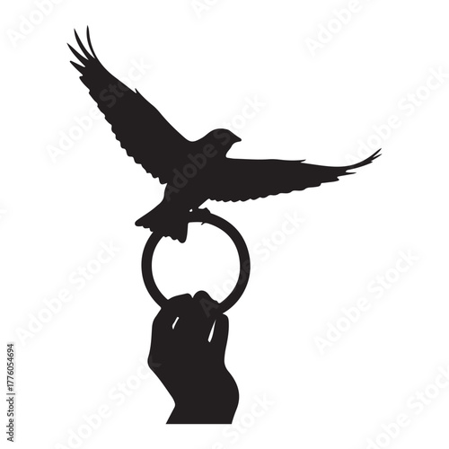 Silhouette of bird on ring held by hand colouring page