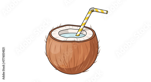 Vibrant illustration of a refreshing tropical coconut drink with a striped straw, perfect for summer relaxation, beach vacations, and exotic getaways