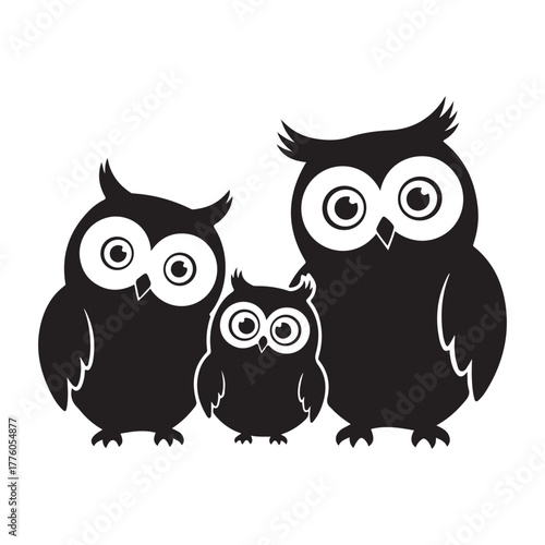 Three owls in black and white silhouette colouring page