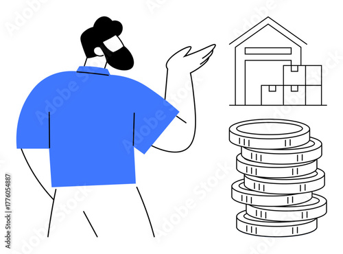 Man gesturing toward warehouse and stacked coins, representing supply chain, finance, investment, and trade. Ideal for logistics, e-commerce, profit analysis, management distribution sales simple