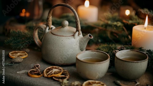 Wallpaper Mural A rustic ceramic teapot and two cups on a festive Christmas table with burning candle, dried citrus fruit and evergreen branch Torontodigital.ca