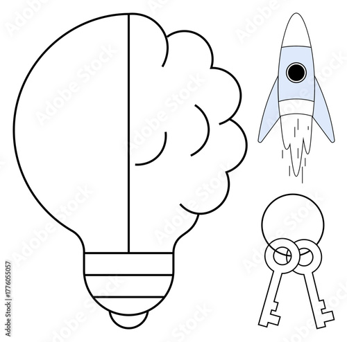 Brain-lightbulb hybrid merges creativity and intellect, a rocket symbolizes innovation and progress, interlocked keys represent collaboration and problem-solving. Ideal for technology, startup