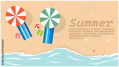 Summer beach with umbrellas flip flops and sea waves from top view