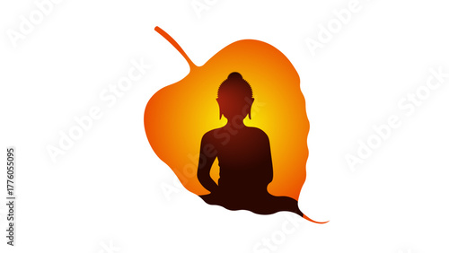 Buddha silhouette inside sacred Bodhi leaf isolated on white background