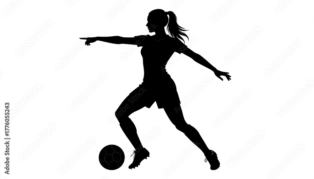 Obraz premium Silhouette of a female soccer player, dribbling a ball, pointing left with hair in a ponytail
