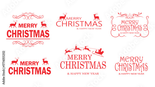 Merry Christmas and Happy New Year typography set with reindeer and sleigh isolated on white background