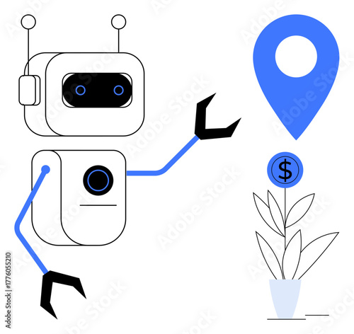 Robot interacts with a growing plant adorned with a dollar sign, a blue geolocation marker, and futuristic tech. Ideal for finance, technology, automation, AI, innovation, sustainability navigation