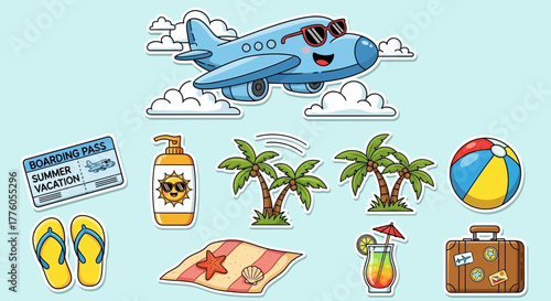 Vibrant summer vacation themed sticker set featuring travel essentials and beach items