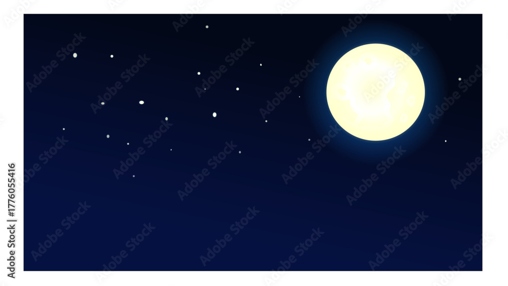 Fototapeta premium Bright full moon with stars in dark night sky, glowing moonlight background
