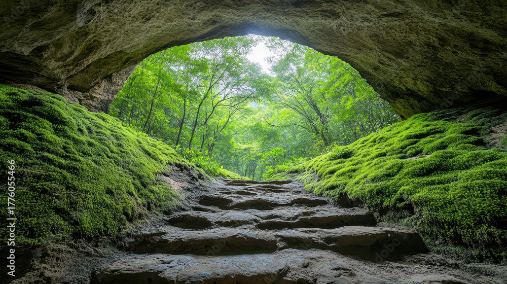 Obraz premium Lush green moss covers stone steps leading to bright, serene forest. Nature beauty shines
