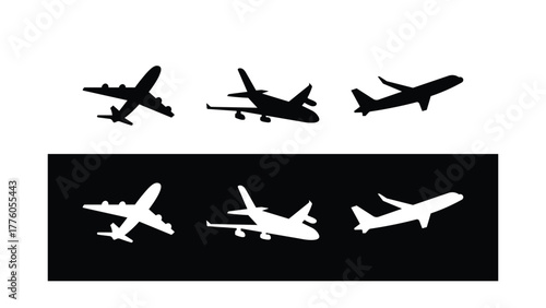 Airplane silhouette set isolated on white background, black and white aircraft icons collection