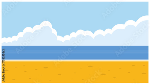 Minimal beach landscape with blue sea, sky and clouds over yellow sand flat design illustration