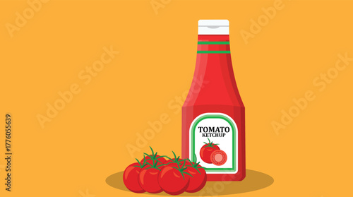 Tomato ketchup bottle with fresh tomatoes on yellow background, food and condiment illustration