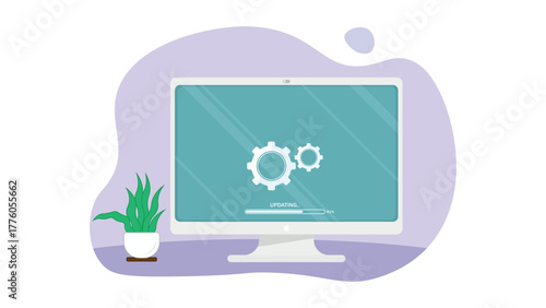 Computer monitor showing software update progress with gears and potted plant illustration
